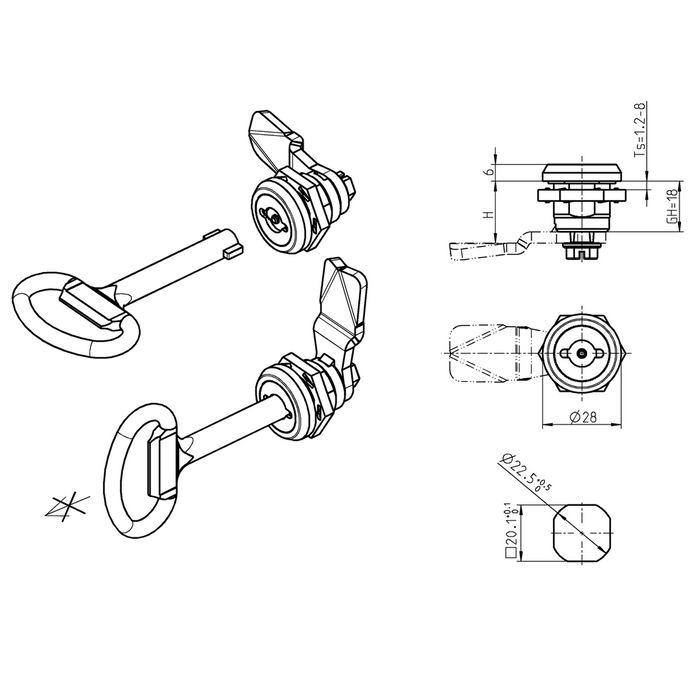 EMKA 1000-U258-01 - Safety quarter turn double bit 5, left version, Brass and zinc die black powder-coated