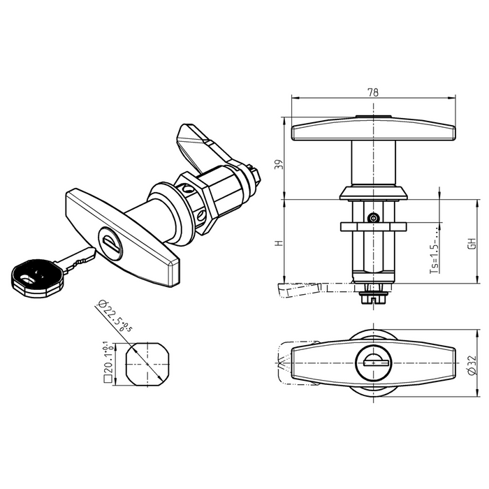 EMKA 1000-U339 T-handle quarter turn, keyed different, Zinc die black powder-coated