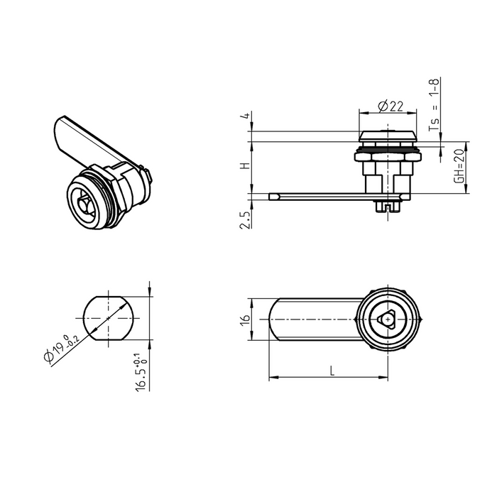 EMKA 1012-U1 Quarter turn with built-in option triangular 6.5, Zinc die nickel-plated; with nut