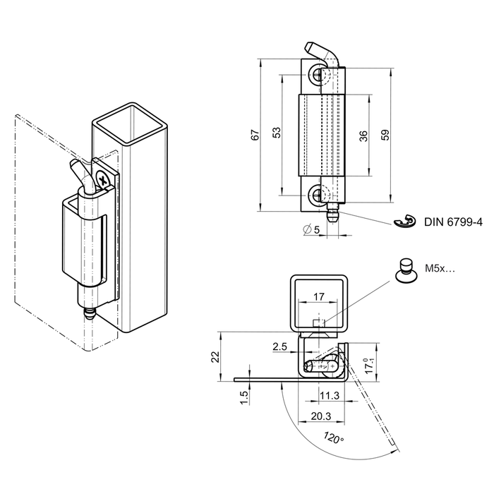 EMKA 1031-U7-PC - 120° Hinge, Stainless steel AISI 304; Weld-on roller