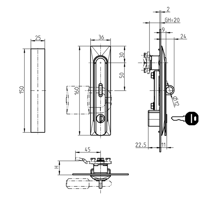 EMKA 1150-U19-01 Swinghandle 1150 with insert hexagon male SW 11 and for padlock, Zinc die black powder-coated